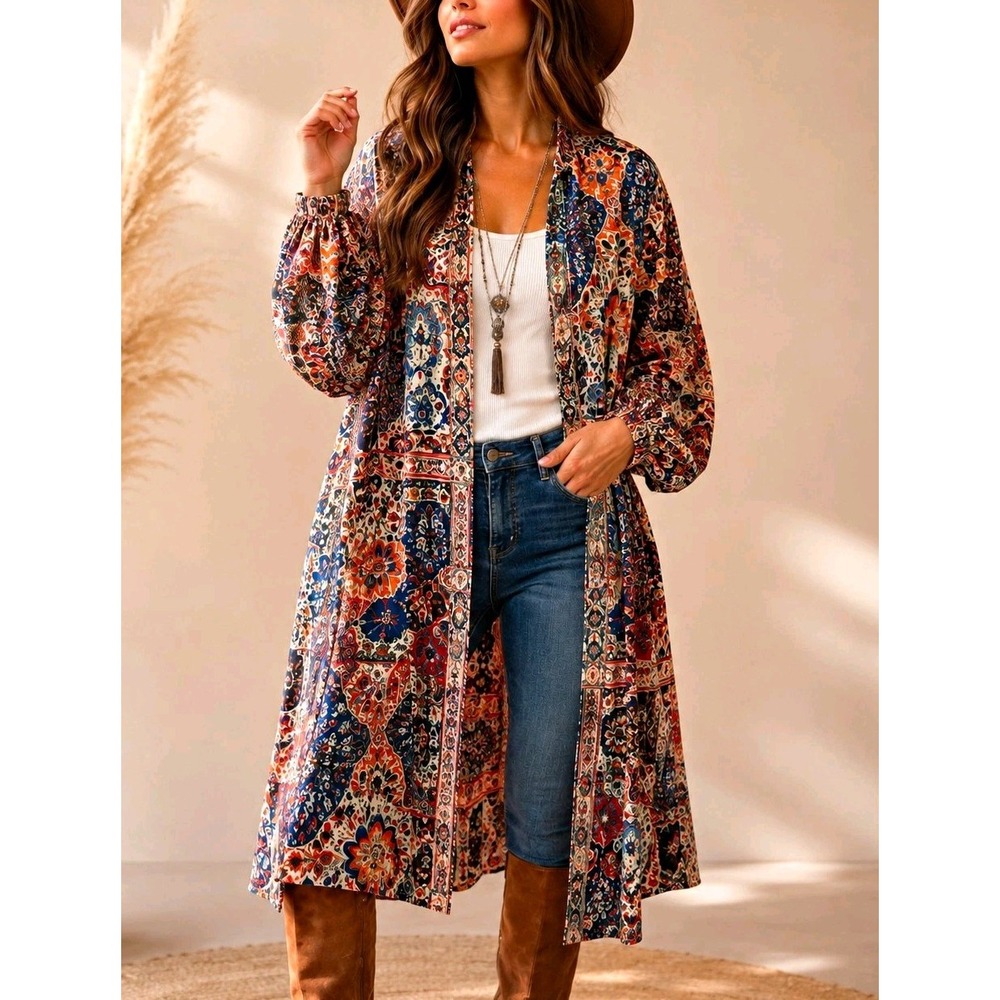 Lily Vintage Women's XL Multicolor Bohemian Duster Jacket Open Front Long